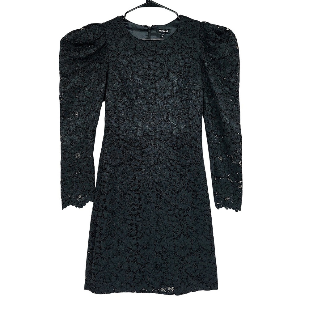 Express Lace Dress sz S Black Retro Puff Sleeve Floral Goth Darkfairy Witchy Emo